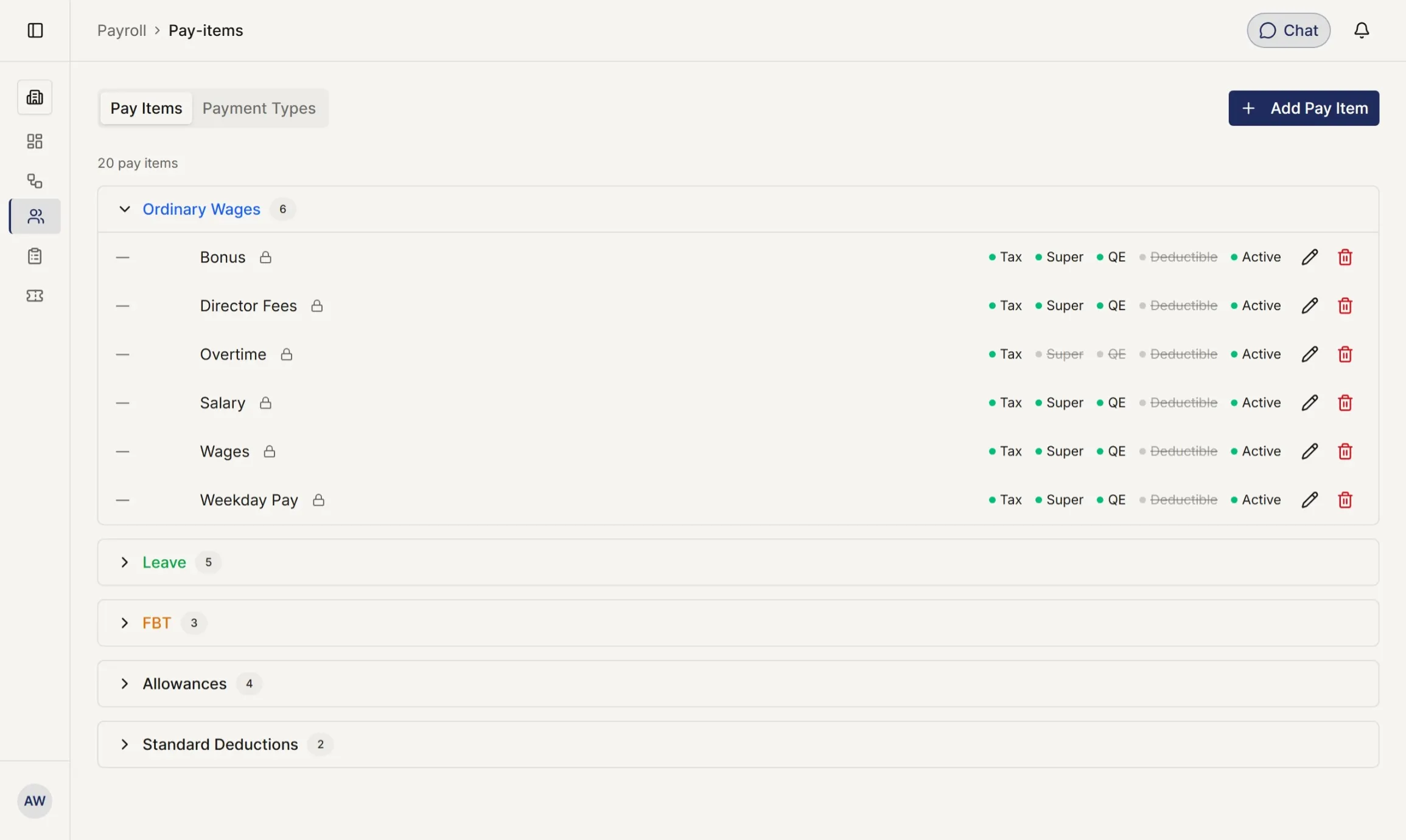 The pay items screen listing earnings, allowances, deductions and leave types with their tax and super treatment.