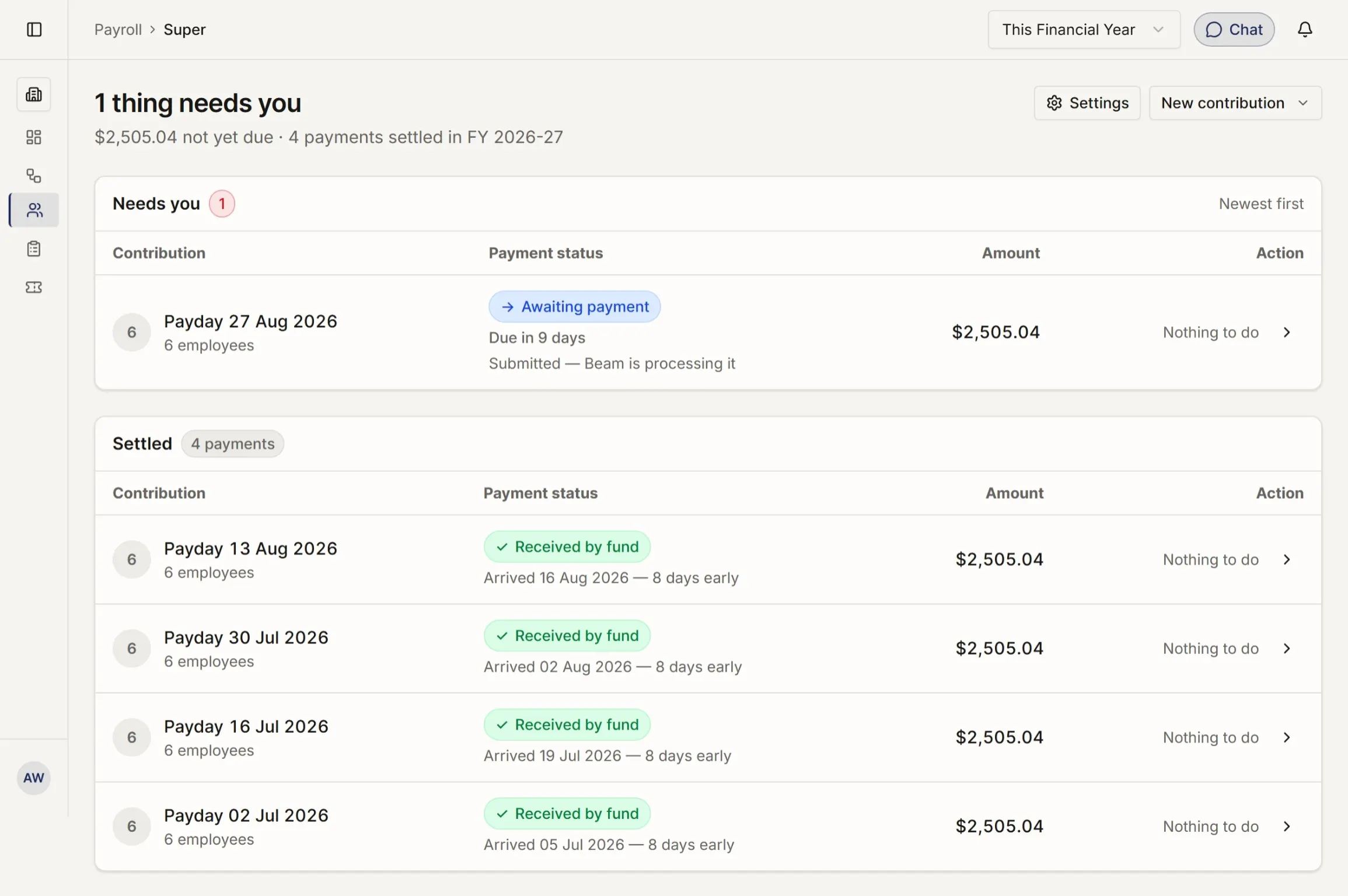 The superannuation screen showing accrued and paid super per employee with the amounts due and their due dates.