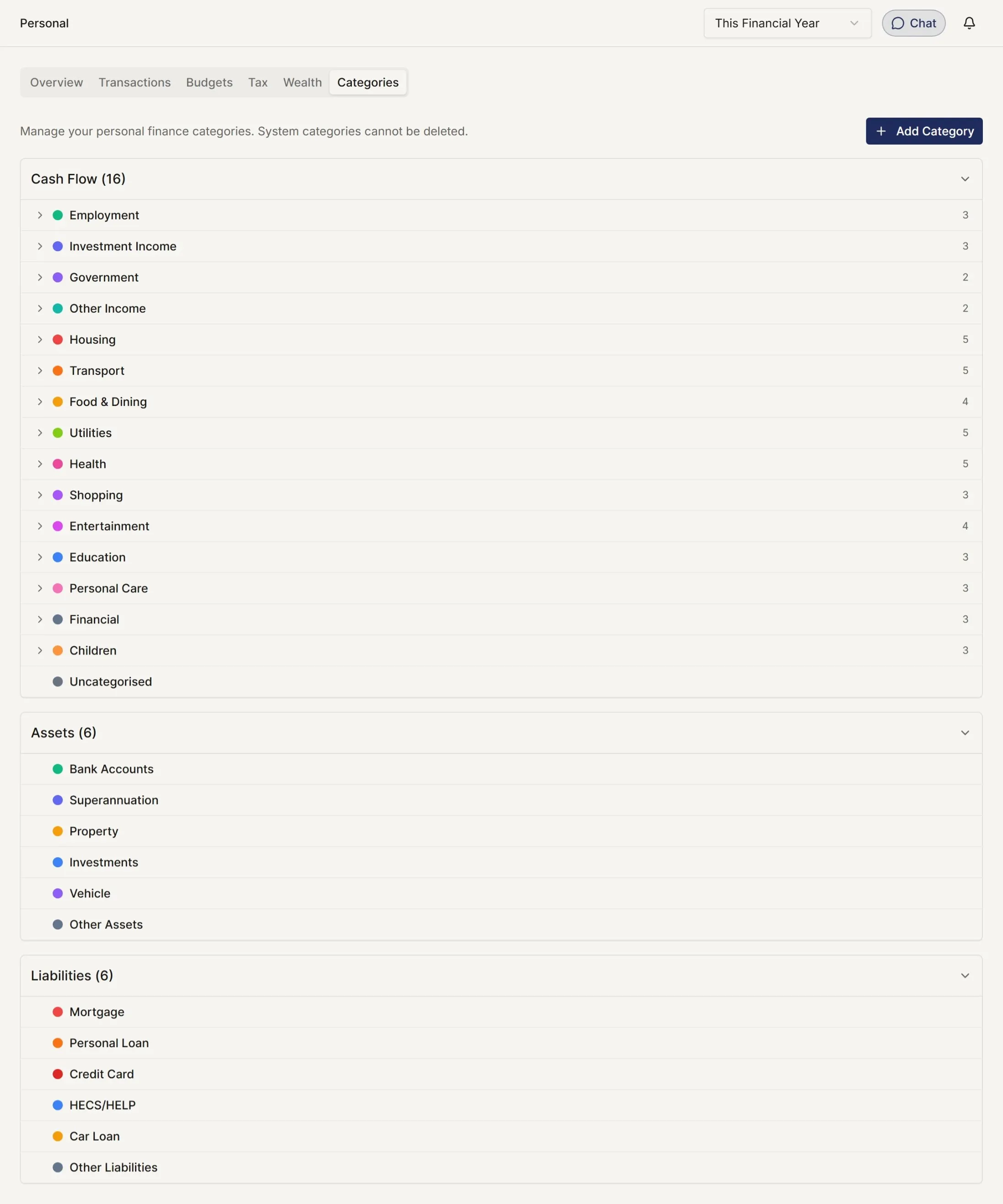 The categories screen showing spending broken down by category with each category's share and total.