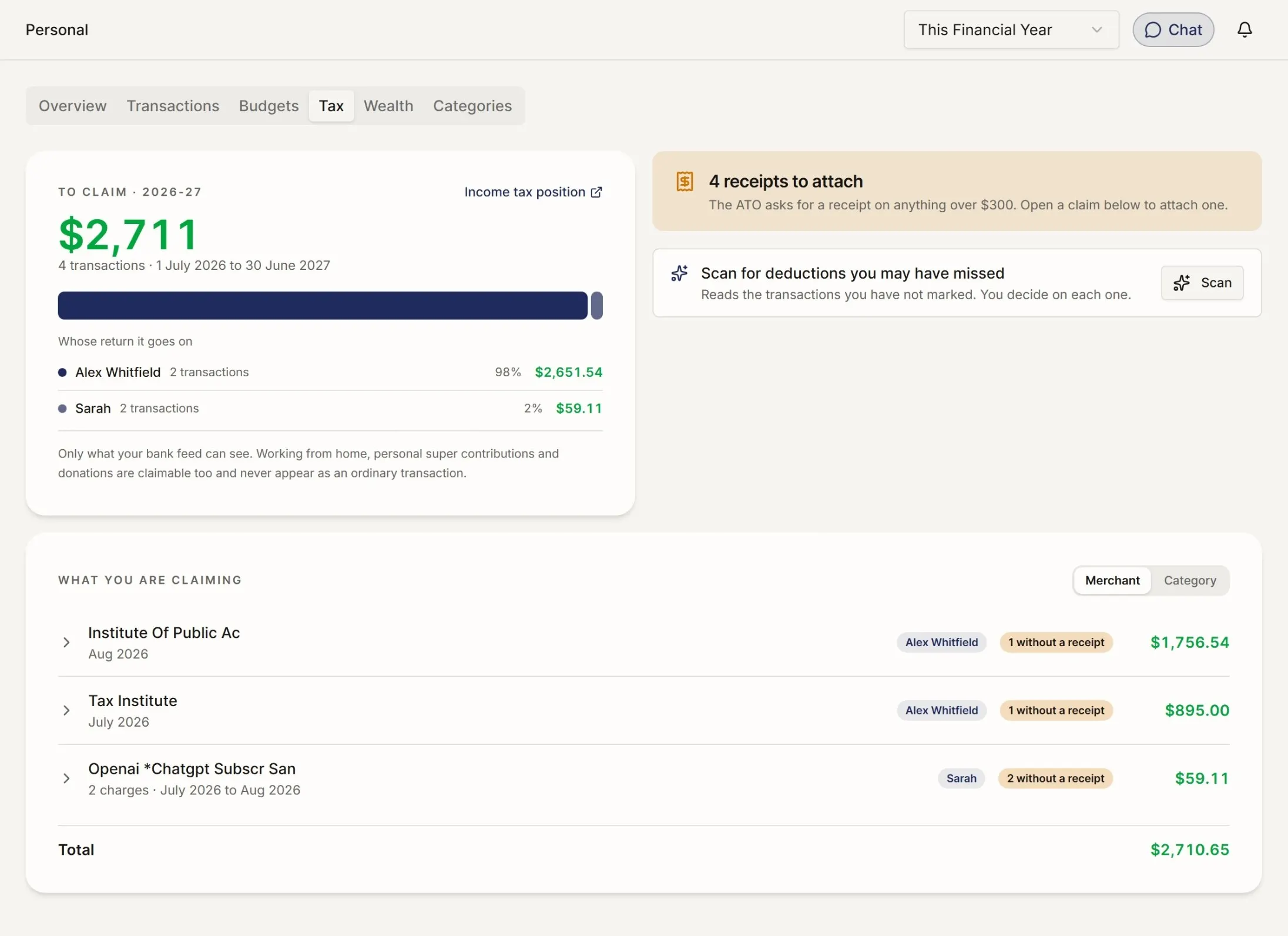The personal tax screen showing the estimated tax position, deductions claimed so far, and the amount set aside.