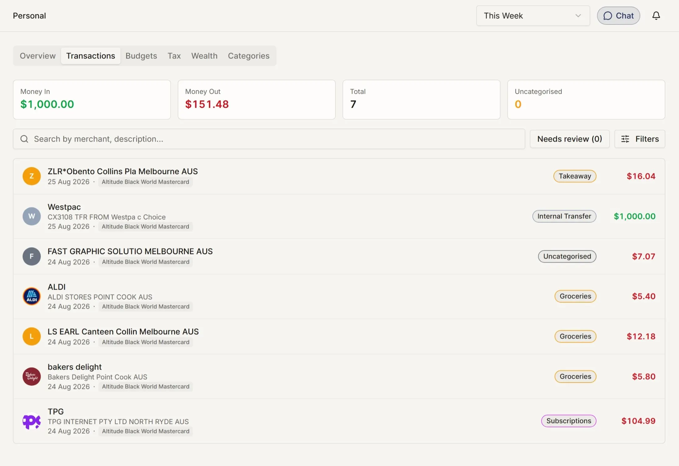 The transactions screen listing personal transactions across accounts with their date, merchant, category, and amount.