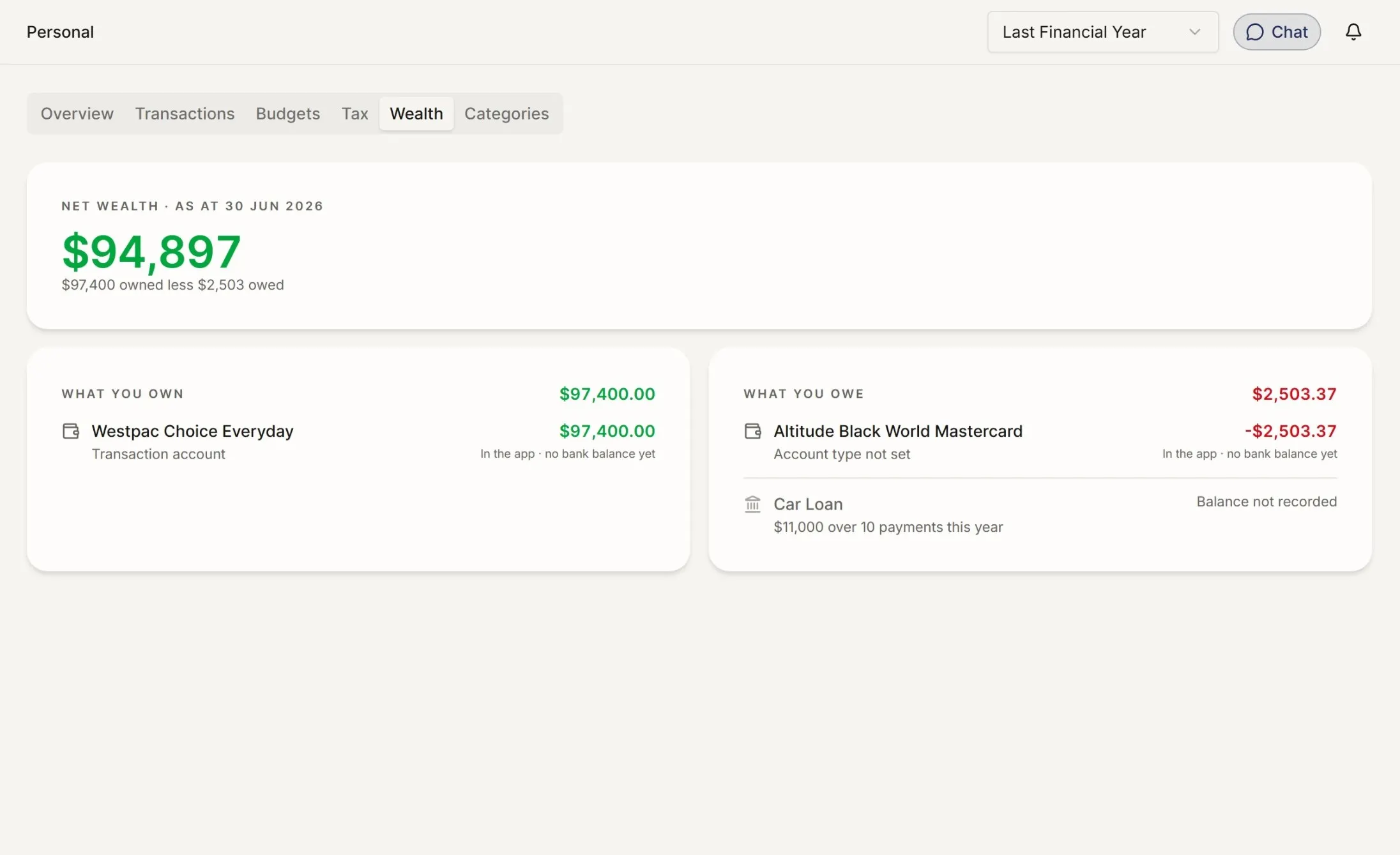 The wealth screen showing assets, debts, and net wealth over time with the accounts and property behind each.