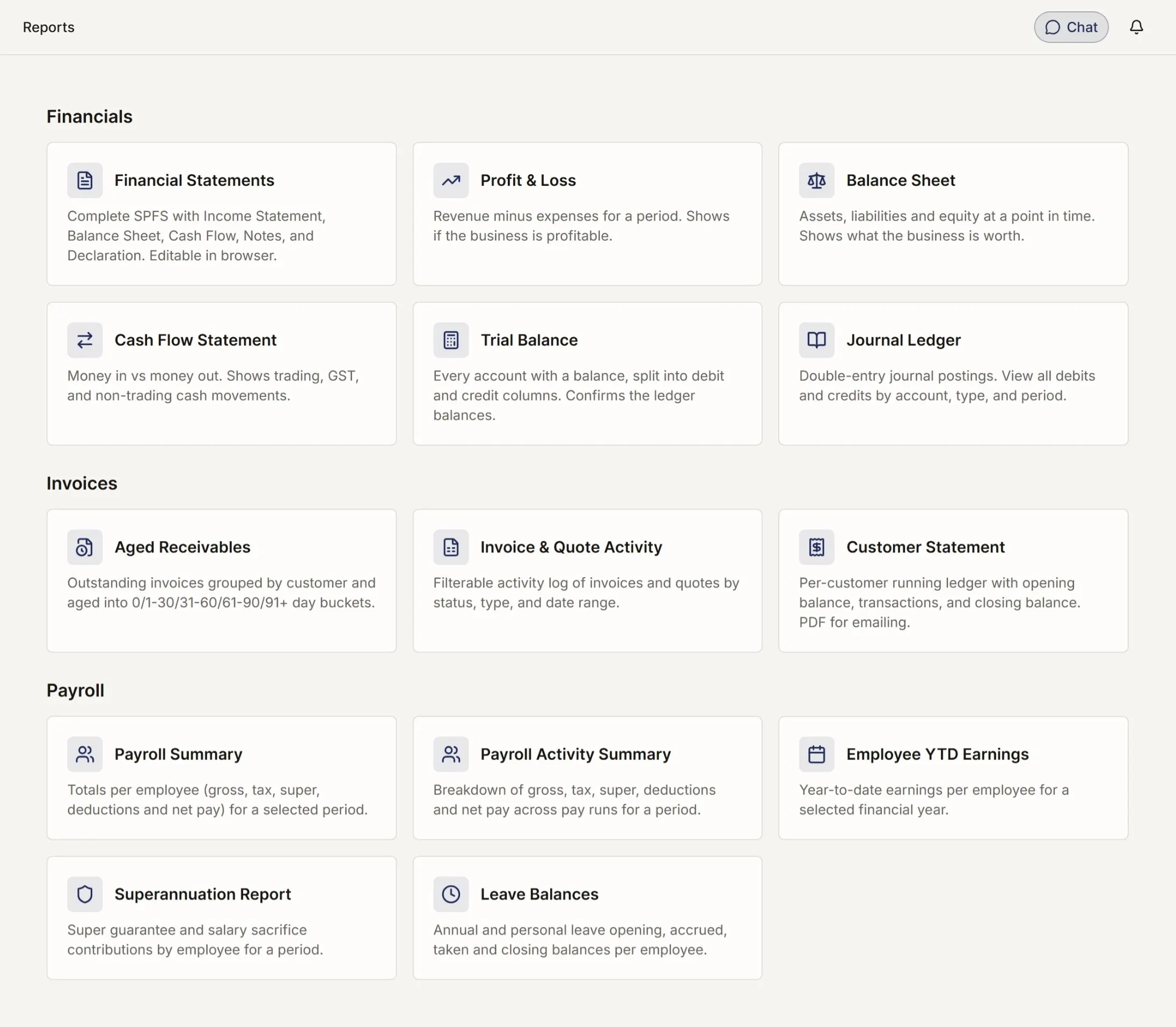 The reports screen showing a profit and loss statement alongside the other reports available to run.