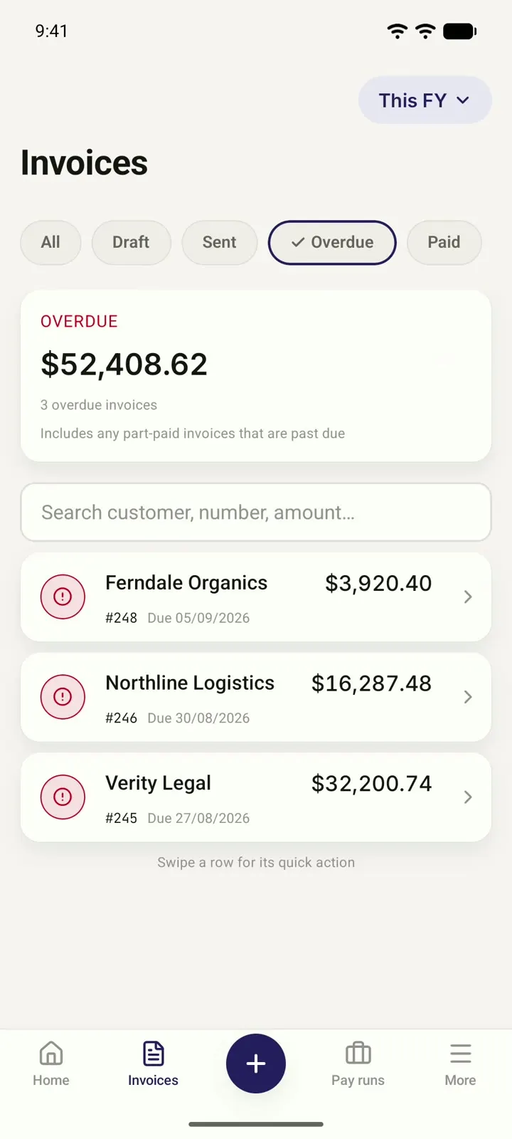 Filtering the invoice list to show only overdue invoices in Myaccountant.