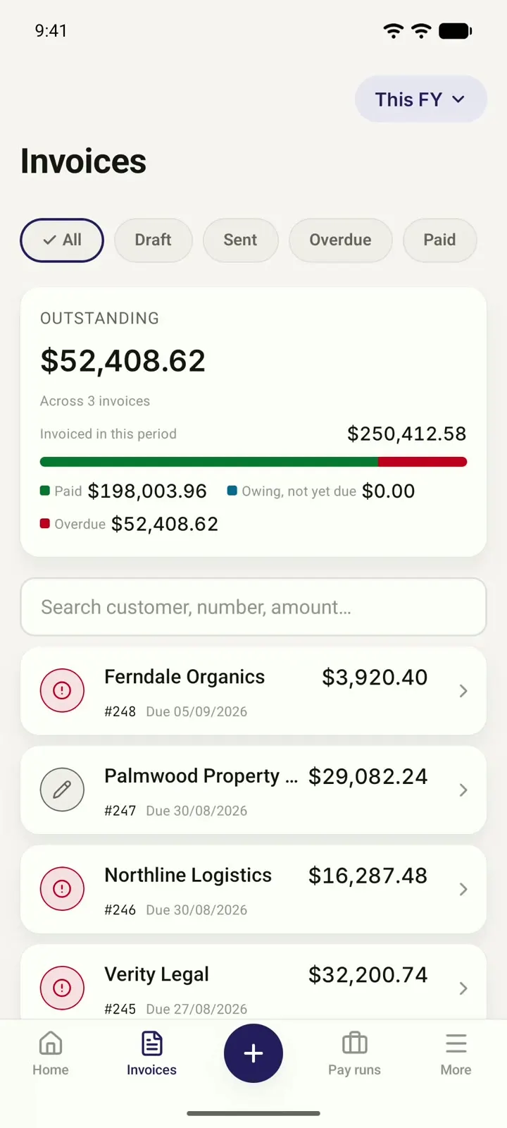 The invoice list in Myaccountant, showing the total outstanding and each invoice's status.