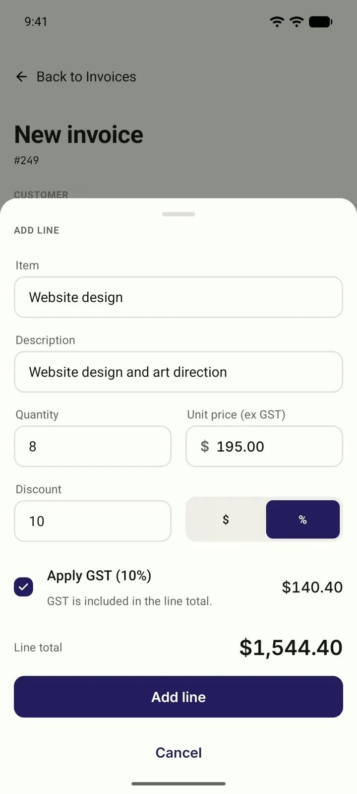 Adding a line item with a quantity and a discount to an invoice in Myaccountant, with the GST worked out.