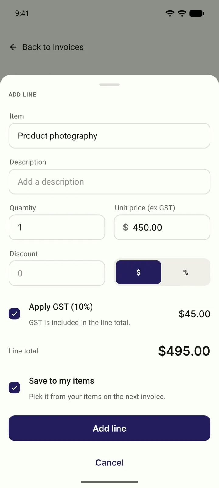 Saving a new invoice line to the items list in Myaccountant.