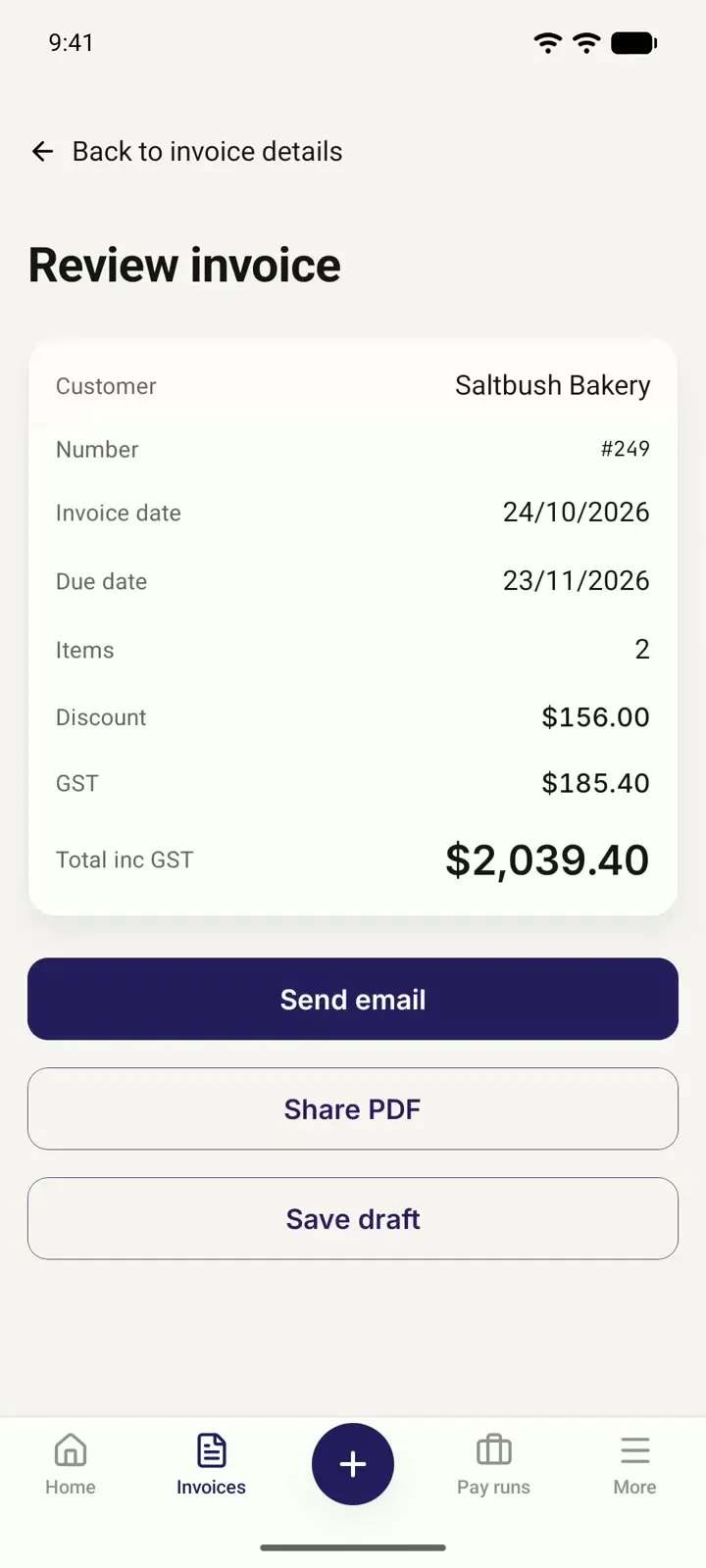 Reviewing an invoice's discount, GST and total before emailing it to the customer in Myaccountant.