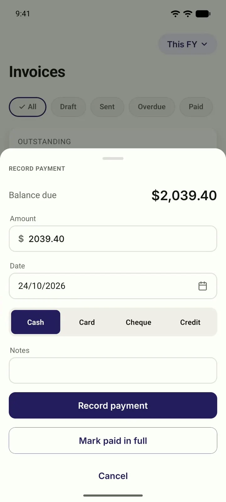 Recording a customer payment against an invoice in Myaccountant.