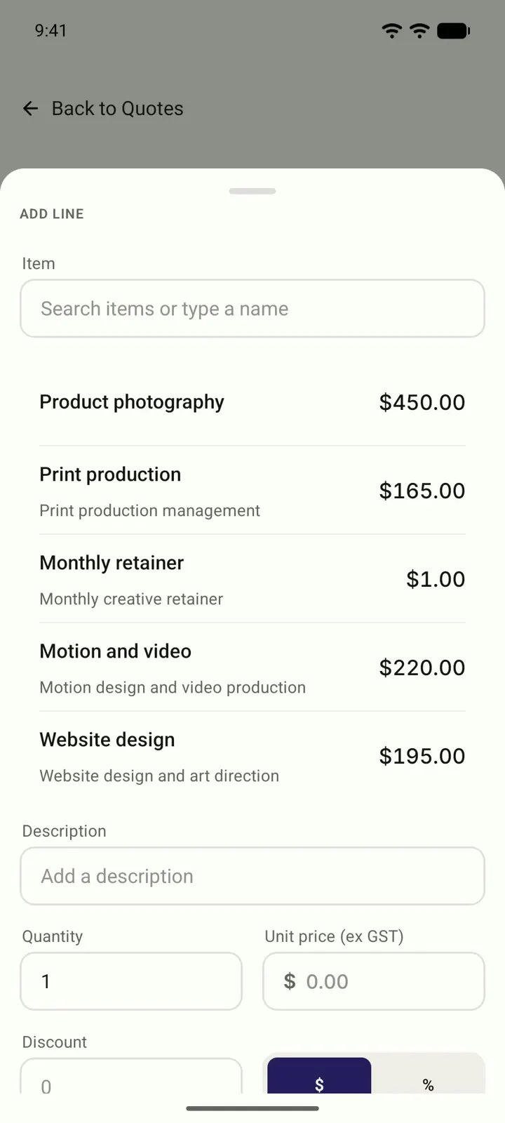 Picking a saved item for a new quote in Myaccountant.