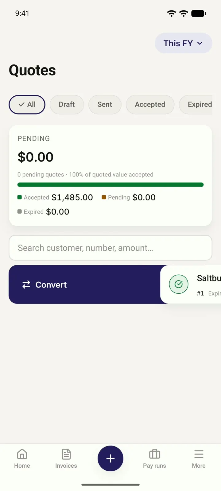 Turning an accepted quote into an invoice in Myaccountant.