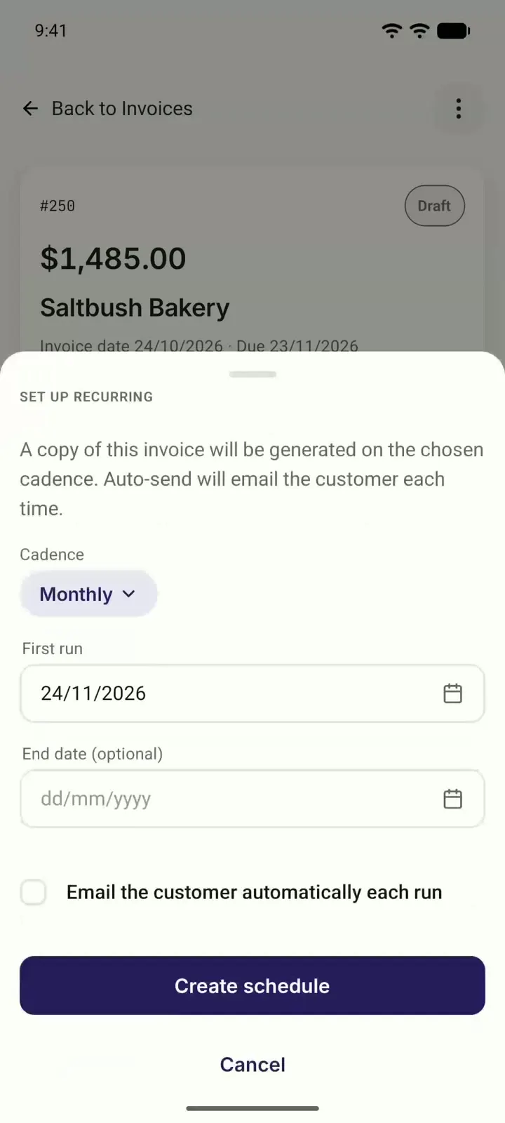 Setting up a monthly repeating invoice in Myaccountant.