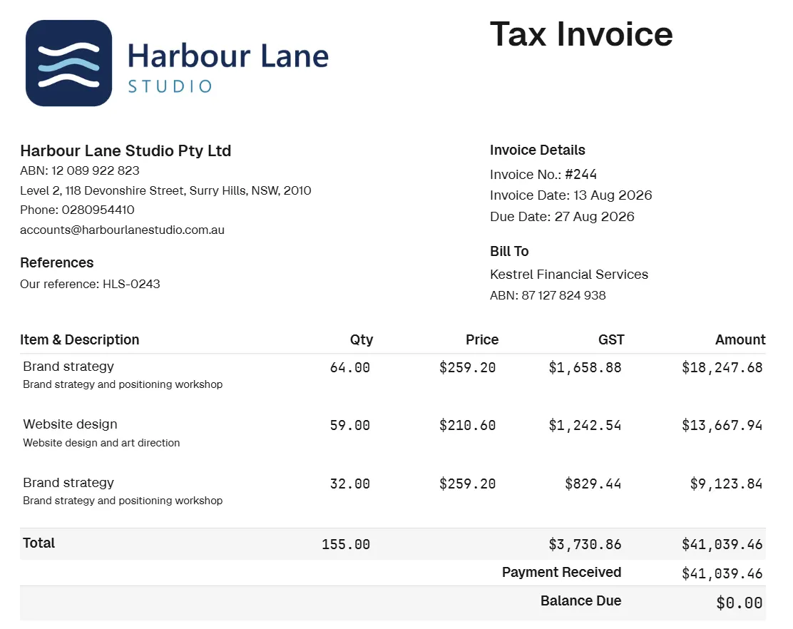 A Myaccountant invoice PDF showing the business's logo, ABN and the GST on each line.