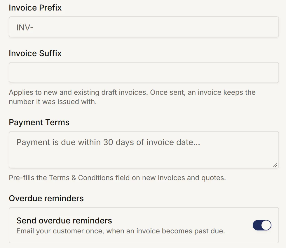 The overdue reminder setting in Myaccountant's invoice settings.