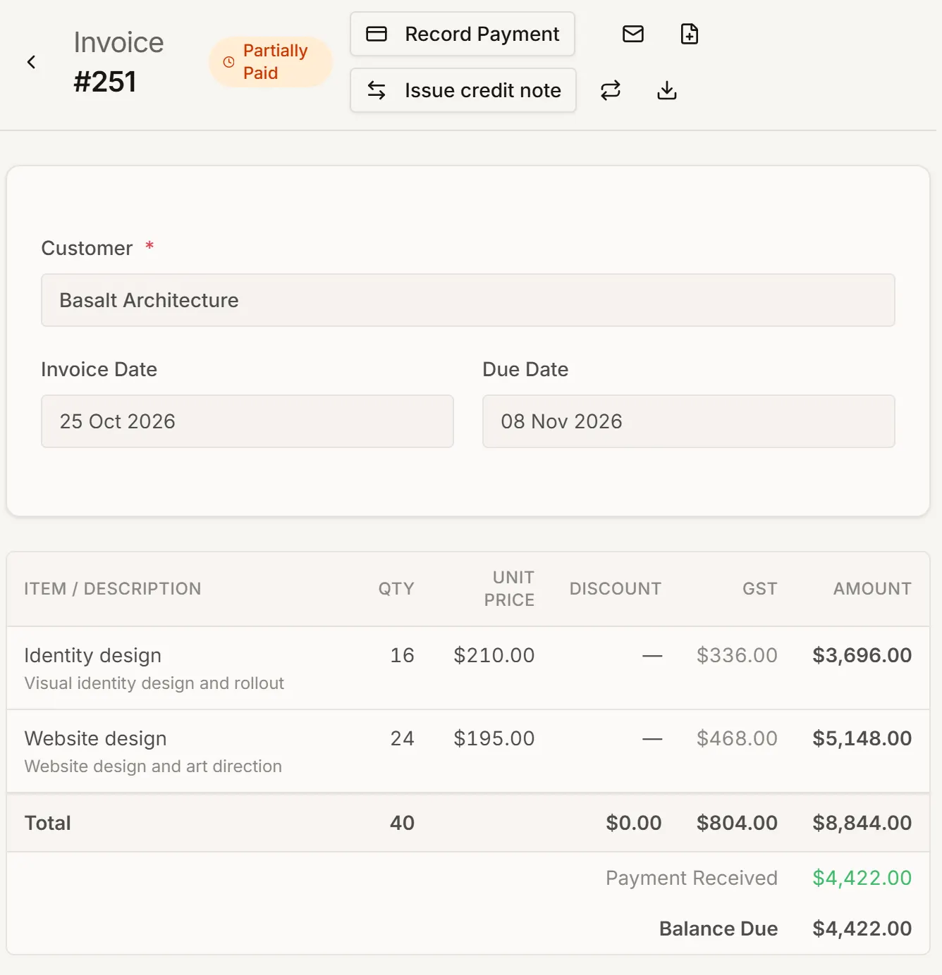 An invoice in Myaccountant marked Partially paid, with the balance still owing.