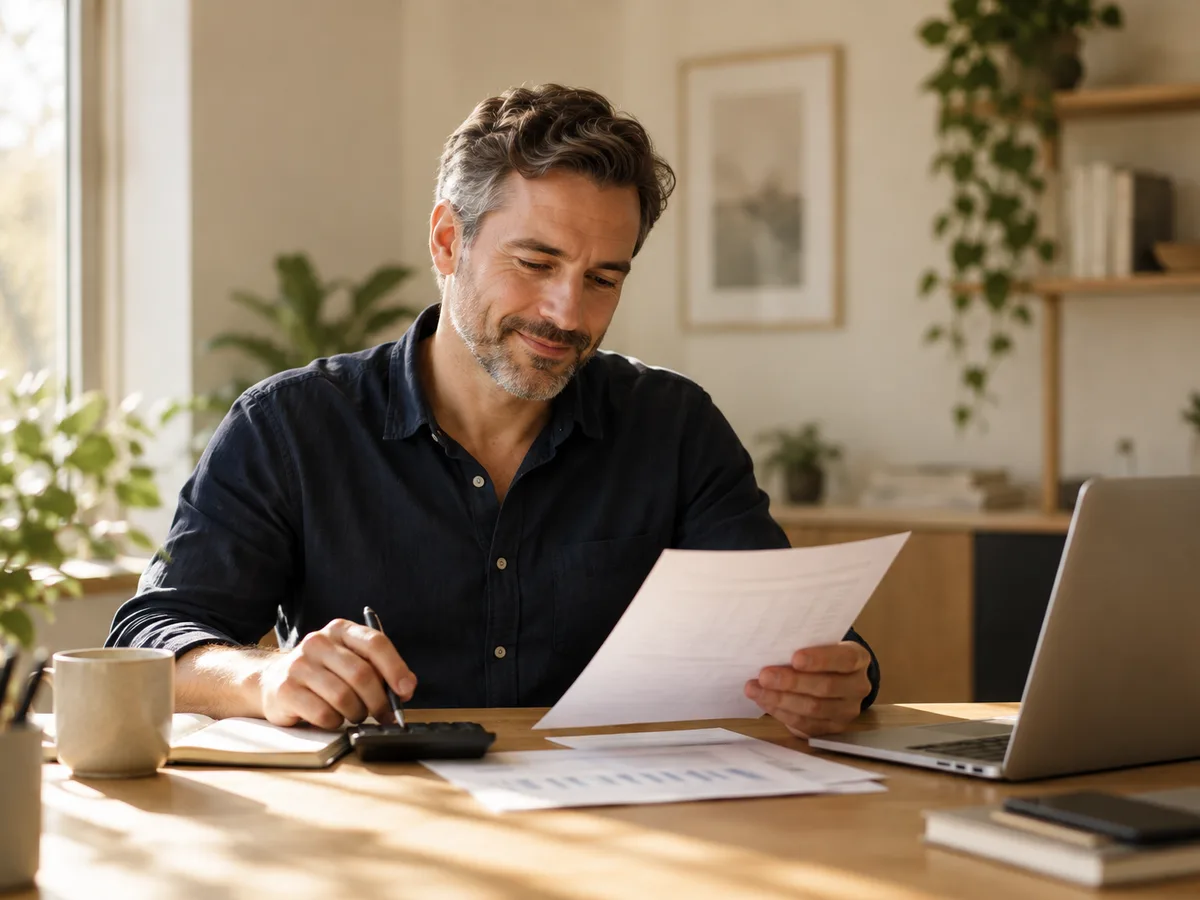 An accountant at his desk in morning light, reading a client's figures with a pen in hand.