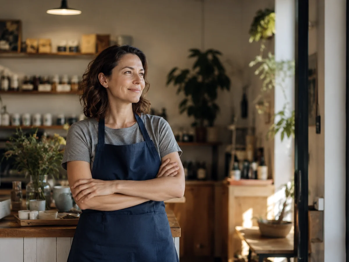 A shop owner in an apron standing in her store.