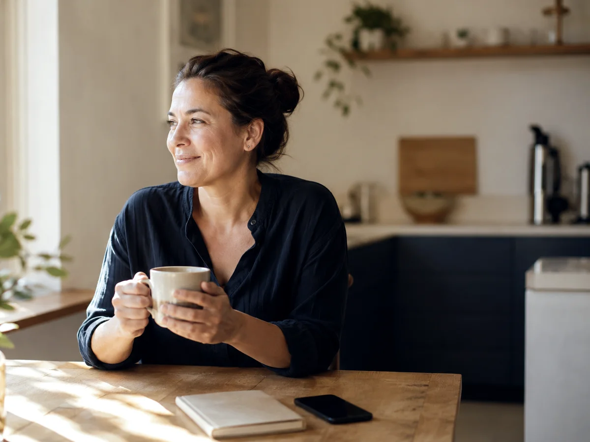 A woman with a coffee at her kitchen table, her household money in order.